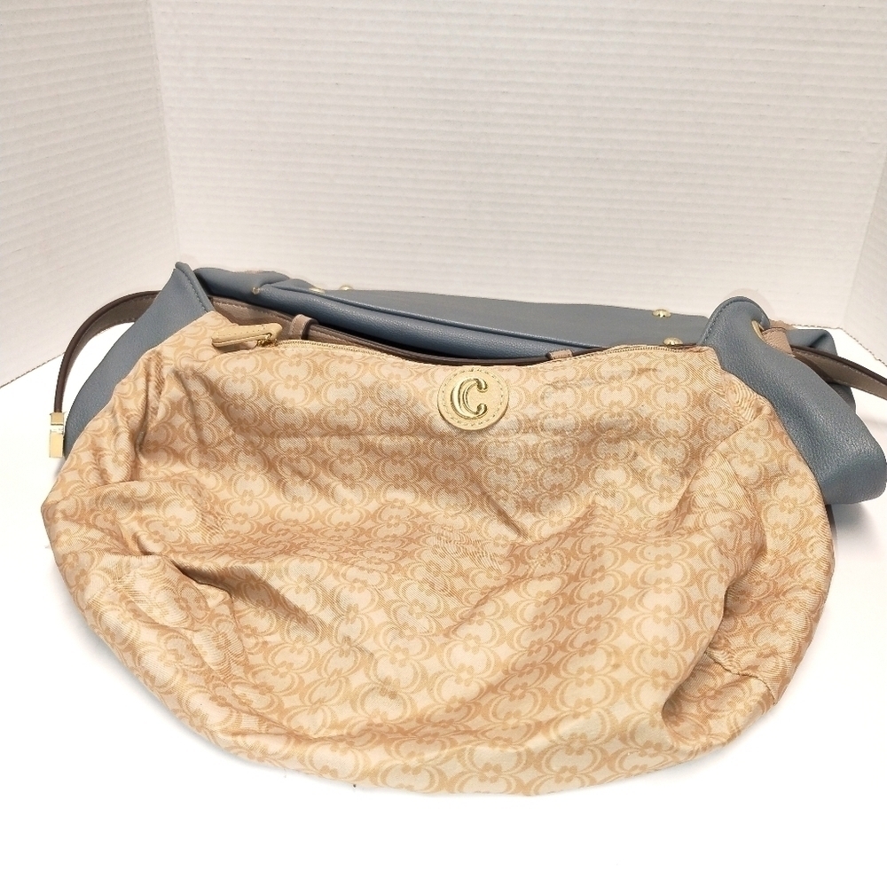 Blue Faux Leather Hobo Bag with Woven Rattan-Style Bottom Panels – Casual Should - Picture 3 of 9